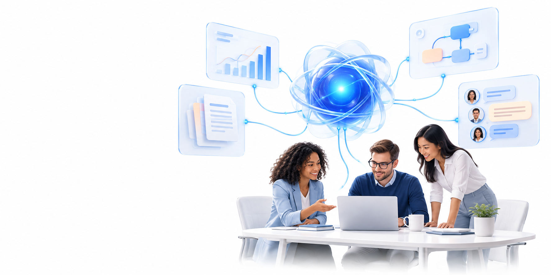 Equipe trabalhando com dados, documentos, fluxos e conversas conectados por IA